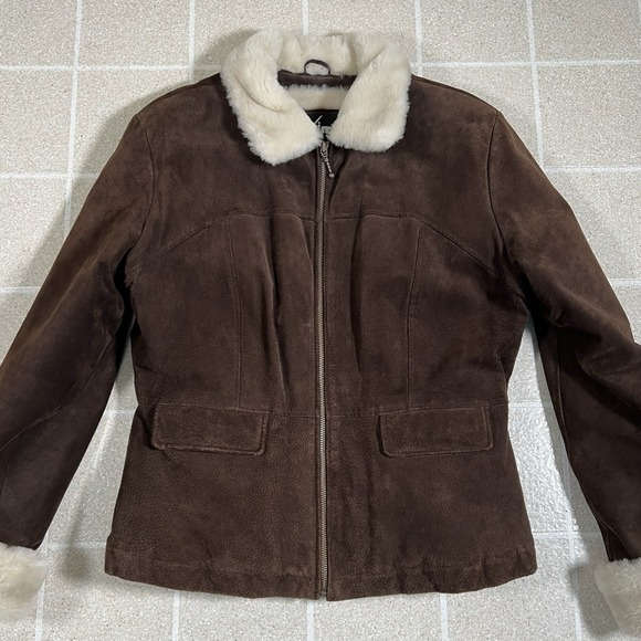 Vintage Y2K Women's Wilsons Leather Maxima Brown Suede Faux Fur Trim Jacket Sz L - Picture 3 of 10